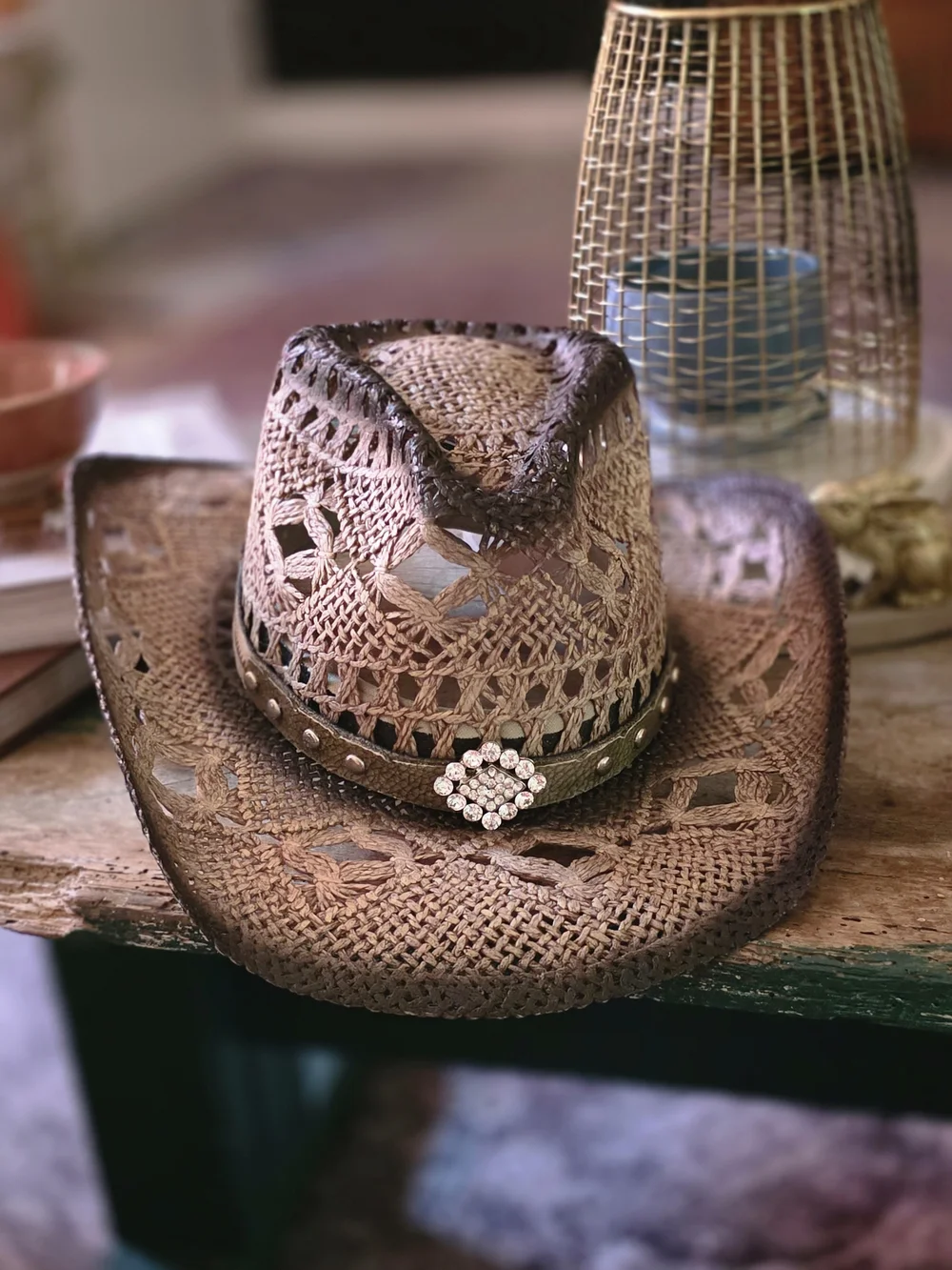 Women’s Straw Cowboy Hat with Rhinestone Accent - Brown